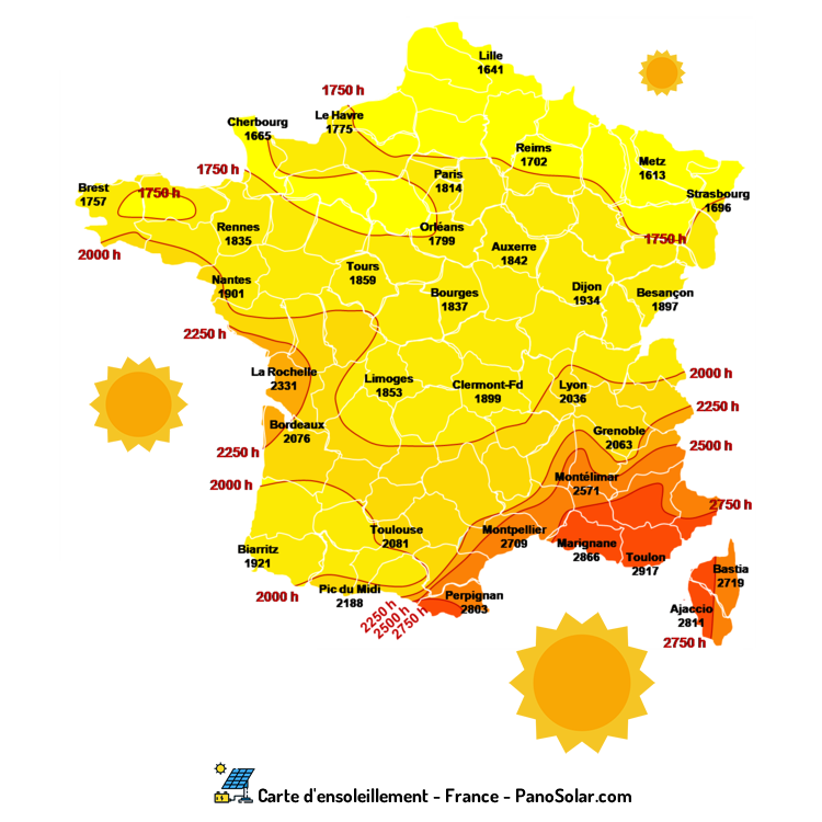 Carte d'ensoleillement solaire en France